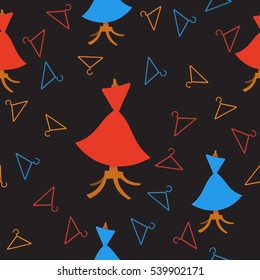 Woman beautiful dresses on hanger. Fashion, sewing concept. Vector seamless pattern, tiling ornament.