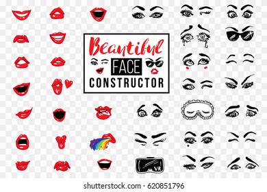 Woman beautiful face constructor. Eyes, eyebrows, lips, mouth, lashes. Vector emoticons, emoji, smiley icons, characters. Fashion illustrated women's emotional faces