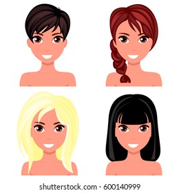Woman beautiful face with different hairstyles. Cartoon beautiful girl in flat design style. Avatar business woman. Vector illustration.