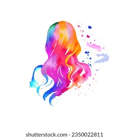 Woman with beautiful hair from back watercolor paint ilustration