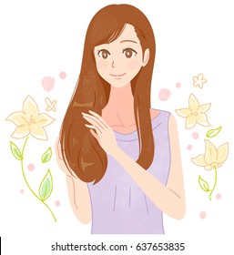A woman with beautiful hair. Flower background