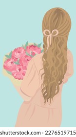 A woman with beautiful hair stands with her back and holds a bouquet of peonies in her hands