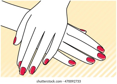 Woman beautiful hands with red polished nails. Manicure. Vector illustration.