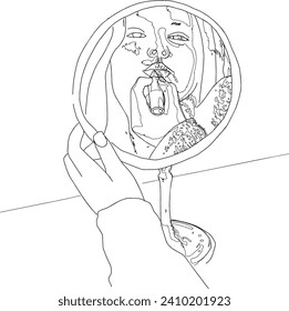 Woman with Beautiful Long Hair and Expressive Eyes Applying Lipstick in a Small Table Mirror Line Art Vector Illustration