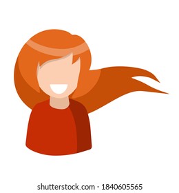 Woman with beautiful long red hair. Young Fashionable girl with haircut. Barbershop logo. Cute smiling character with hairstyle. Flat cartoon illustration