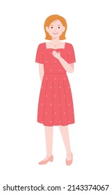 A woman in a beautiful one-piece dress stands elegantly with her hands on her chest. flat design style vector illustration.