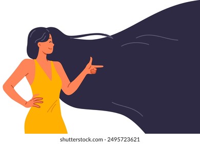 Woman with beautiful smooth hair recommends shampoo for getting perfect hairstyle and points finger to side. Girl is proud of hair health achieved thanks to high-quality shower and hygiene products