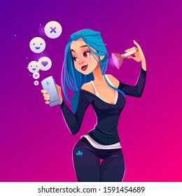 Woman beauty blogger applying makeup. Beautiful young girl in sportswear with crown print looking on smartphone screen with social media icons, put powder or blush on face. Cartoon vector illustration