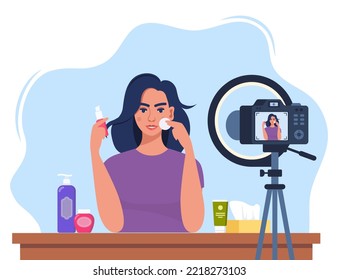 Woman beauty blogger recording skin care tutorial video for her vlog. Girl talking and showing cosmetic products in front of camera. Vector illustration