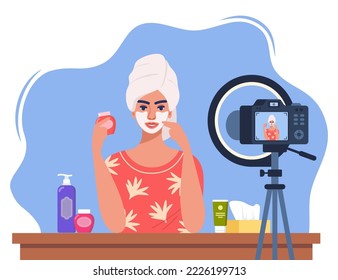 Woman beauty blogger recording skin care tutorial video for her vlog. Girl talking and showing cosmetic products in front of camera. Vector illustration