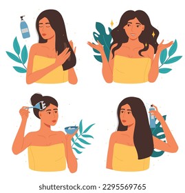 Woman beauty care hair set. Cartoon young girl applying treatment. Female character dying and curling hair, wavy hairstyle. Beaty routine with different caring products vector isolated set