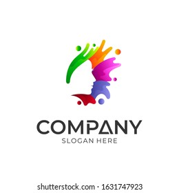 woman beauty care logo design, vector logo of silhouette of a woman's face with colorful water splashes, healthy and wellness icon