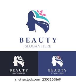 Woman Beauty care logo. fresh Nature beauty face saloon and spa design flat vector