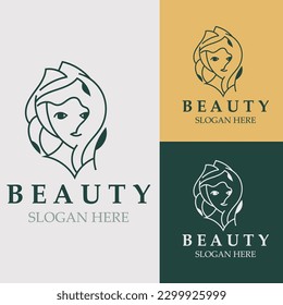 Woman Beauty care logo. Nature face saloon and spa design flat vector
