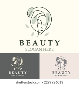 Woman Beauty care logo. Nature face saloon and spa design flat vector
