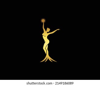 Woman Beauty Contest and Film Reel Award Logo. Creative Golden Style Premium Vector.