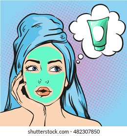 Woman with beauty cosmetic mask on face. Vector illustration in pop art comic style.