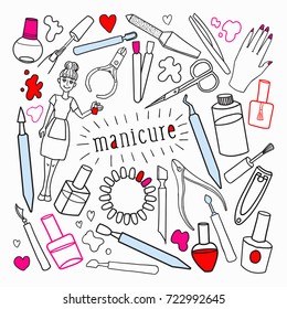 Woman Beauty Cosmetics Hand Drawn Set. Manicure Make-up Elements. Vector illustration