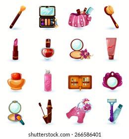 Woman beauty cosmetics and make-up cartoon icons set isolated vector illustration