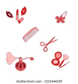 woman beauty eqipment set. beauty salon illustration. lipstick, lips, placon, perfume, fragrance, powder, brush, squissors, hairbrush, hair pin illustration