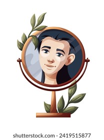 Woman with beauty eye patches in the mirror reflection. Beauty, skin care, cosmetic, spa concept. Isolated vector illustration.