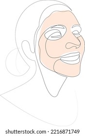 Cara de belleza femenina con máscara facial dibujo continuo de línea. Cuidado de la piel o máscara cosmética. Ilustración vectorial.