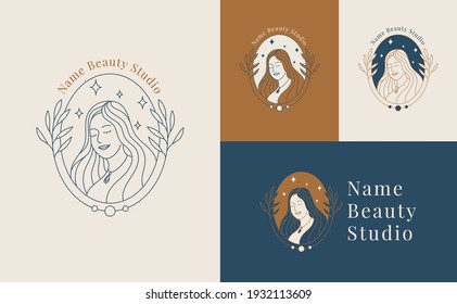 woman beauty face logo linear style, beauty studio and cosmetic brand template