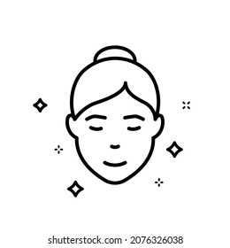 Woman with Beauty Face Skin Line Icon. Healthy, Fresh Female Face with Clean Skin Linear Pictogram. Facial Skincare, Hygiene Outline Icon. Editable Stroke. Isolated Vector Illustration.