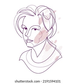 Woman beauty face vector linear illustration, delicate line art of attractive girl portrait, abstract feminine drawing minimal style isolated.