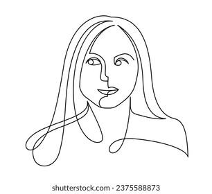 Woman beauty face vector linear illustration, delicate line art of attractive girl portrait, abstract feminine drawing minimal style isolated.