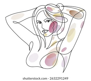 Woman beauty face vector linear illustration, delicate line art of attractive girl portrait, abstract feminine drawing minimal style isolated.