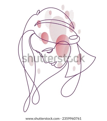 Woman beauty face vector linear illustration, delicate line art of attractive girl portrait, abstract feminine drawing minimal style isolated.