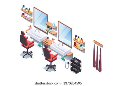 Woman beauty hairdressing salon interior design with chairs, mirrors, shelves and sinks. Barber shop decoration and furniture. Flat isometric pseudo 3d vector illustration