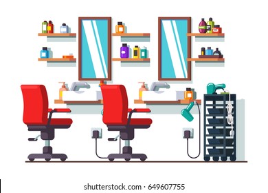 Woman beauty hairdressing salon interior design with chairs, mirrors, shelves and sinks. Barber shop decoration and furniture. Flat style vector illustration isolated on white background.