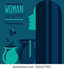 Woman beauty independence, cover title. Face woman silhouette with long hair. objects. Vector design