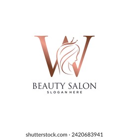 Woman beauty logo design vector illustration with letter w and crown icon