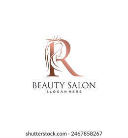 Woman beauty logo design vector illustration with letter r and crown icon
