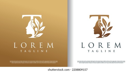 woman beauty logo icon with letter t concept design premium vector