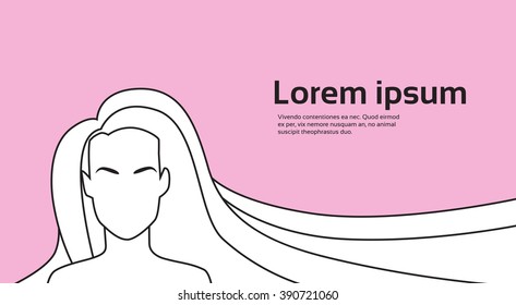 Woman Beauty Long Hair Silhouette Horizontal Pink Banner Empty Copy Space Thin Line Vector Illustration