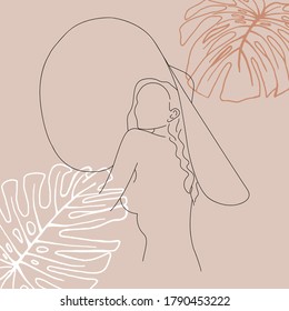 Woman beauty minimalist, vector illustration for t-shirt, slogan design print graphics style. One line fashion illustration. Woman in a beach hat. Fashion concept.