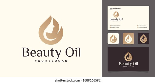 woman beauty oil logo design with woman face and olive oil design template and business card