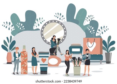 Woman beauty product collection, tiny people with cosmetics and makeup items, vector illustration