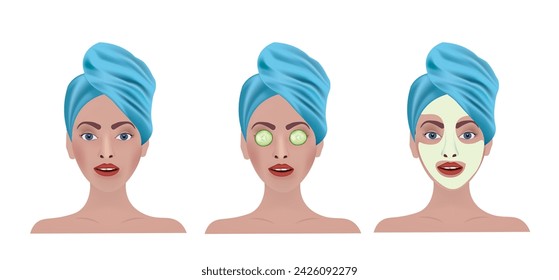 Woman beauty routine with face mask, vector