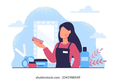 Woman in beauty salon concept. Young girl near scissors and combs. Hairdresser and barber at workplace. Advertising poster or banner for barbershop. Cartoon flat vector illustration