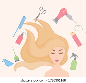 Woman in a beauty salon, with different equipment, advertising for hair salon