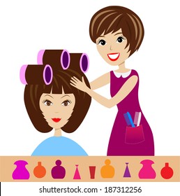 woman in a beauty salon does a hair-do,  vector  illustration