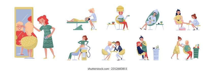 Woman in Beauty Salon Doing Different Hair and Nail Procedure Vector Illustration Set