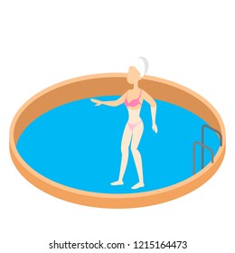 Woman in beauty salon making spa procedure. Girl sitting in sauna and enjoying water. Skin care and body relaxation. Isometric vector illustration