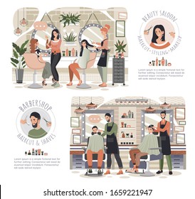 Woman in beauty salon, man in barber shop, vector illustration. Professional hairdresser and barber, makeup stylist. People cartoon characters, set of beauty salon tools. Barbershop brochure design