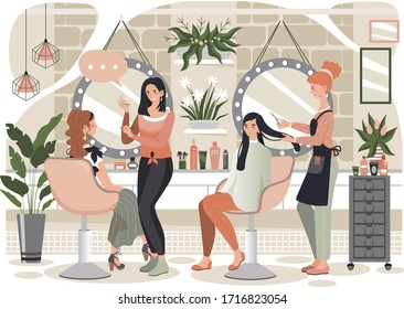 Woman in beauty salon, man in barber shop, vector illustration. Professional hairdresser and barber, makeup stylist. People cartoon characters, set of beauty salon tools.